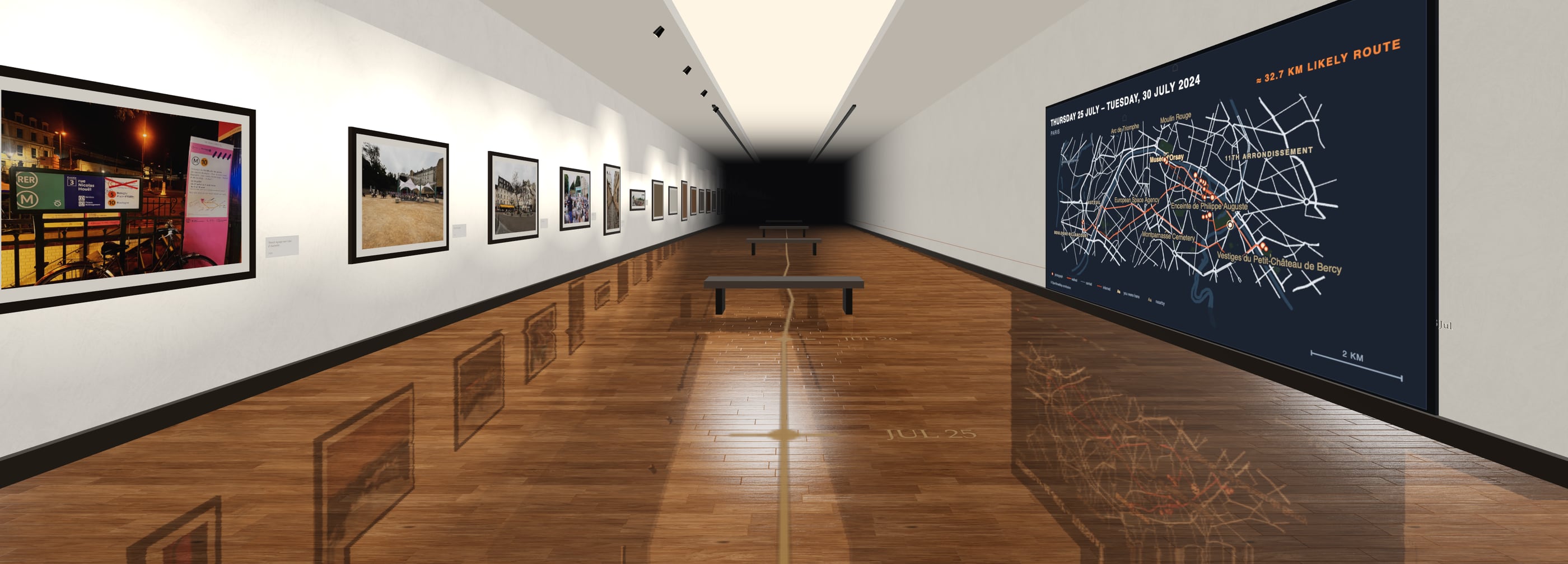 A gallery room built from one trip: photographs hung along the left wall, a plan-view map of Paris on the right, wooden floor receding to a dark far wall.