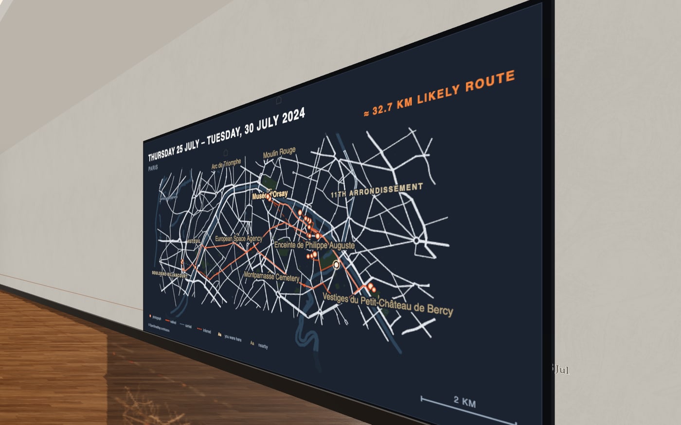 A wall panel mapping six days in Paris: streets, the Seine, landmark names, and a marked route.
